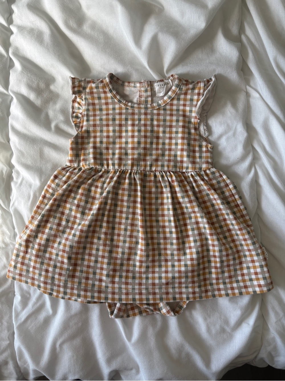 Petit Lem Plaid Ruffle-Sleeve Dress in Cream, Tan & Orange